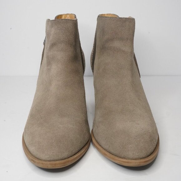 Vionic, Anne Greige Suede Leather Snakeskin Stacked High Heel Zipper Ankle Boot - Picture 2 of 8